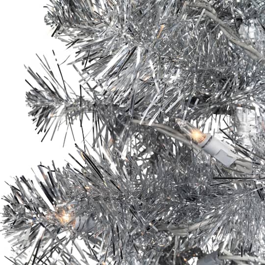 7ft. Pre-Lit Silver Artificial Tinsel Christmas Tree, Clear Lights
